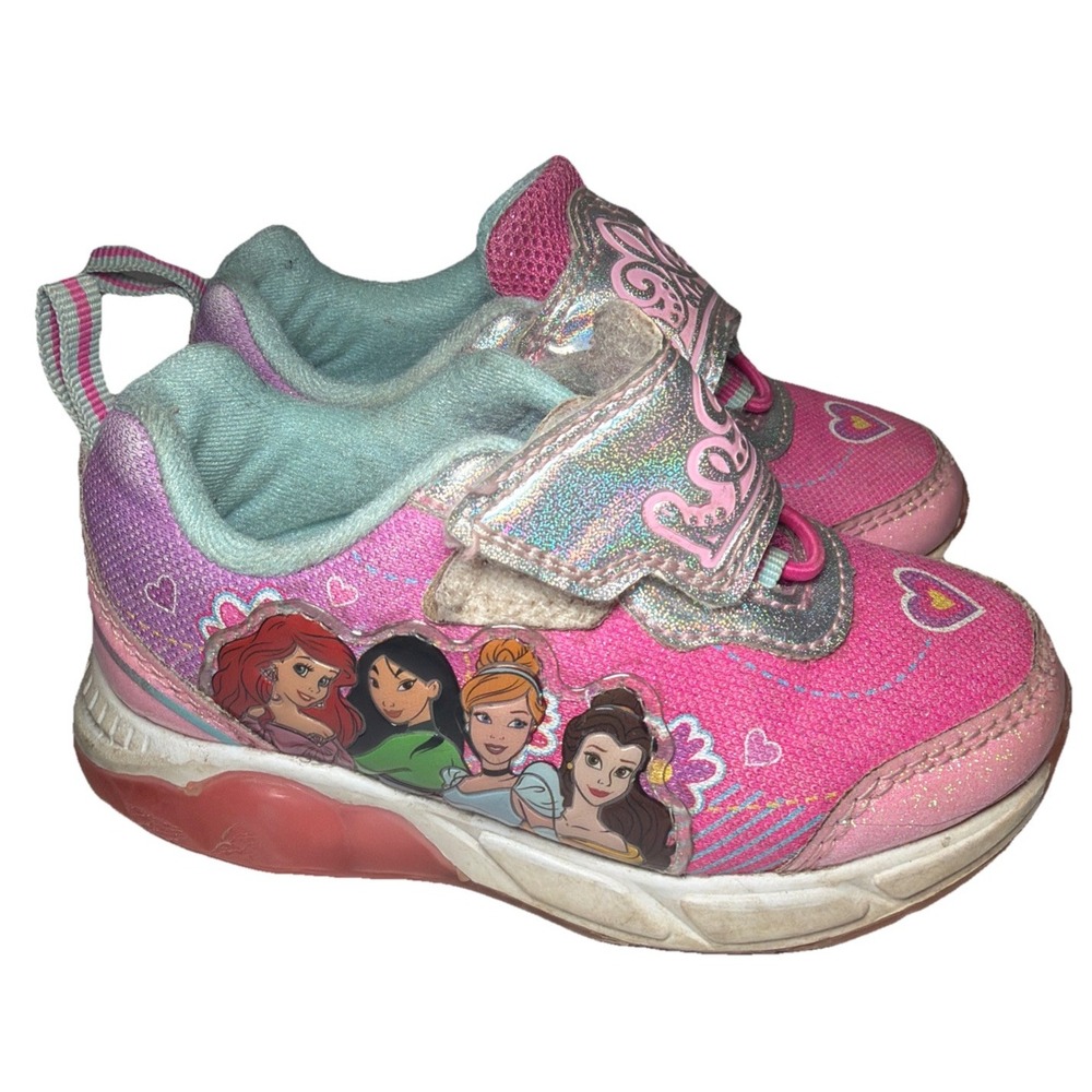 Disney Princess Light Up Trainers Sneakers Shoes Kids Size 7 Pink Belle Ariel